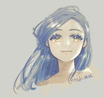 1girl bare_shoulders black_hair commentary_request cropped_head grey_background hitsuki_(hiidukii) honzuki_no_gekokujou myne_(honzuki_no_gekokujou) portrait smile solo twitter_username yellow_eyes