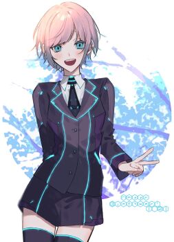 1girl arm_behind_back birthday black_skirt blazer blonde_hair blue_eyes blush collared_shirt happy_birthday highres jacket long_sleeves looking_at_viewer necktie nijisanji open_mouth pink_hair school_uniform shirt short_hair skirt smile solo thighhighs v white_shirt yuuhi_riri yuuhi_riri_(1st_costume)