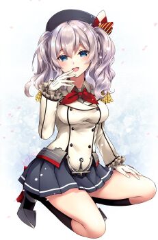 Rule 34 | 1girl, black socks, blue eyes, breasts, commentary request, epaulettes, frilled sleeves, frills, gloves, grey hair, grey shirt, grey skirt, highres, jacket, kantai collection, kashima (kancolle), kneeling, long hair, looking at viewer, medium breasts, military jacket, military uniform, neckerchief, omoomomo, pleated skirt, red neckerchief, rudder footwear, shirt, skirt, socks, solo, twintails, wavy hair, white gloves, white jacket