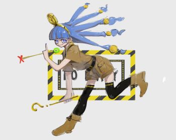 Rule 34 | 1girl, aqua eyes, aqua hair, black thighhighs, blunt bangs, brown shorts, earrings, gold headdress, highres, jewelry, key earrings, long hair, looking at viewer, michigami nareko, piu (pengtaipxv2014), short sleeves, shorts, thighhighs, touhou, white background