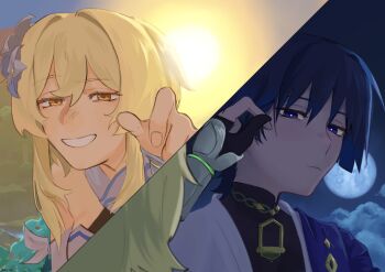 1boy 1girl artist_name black_bodysuit black_gloves black_hair blonde_hair blue_cape blue_eyes blue_flower blue_trim blunt_ends bodysuit bright_pupils cape closed_mouth cloud cloudy_sky commentary covered_collarbone day_and_night detached_sleeves english_commentary eyelashes eyeliner eyeshadow fingernails flower full_moon genshin_impact gloves grin hair_between_eyes hair_flower hair_ornament half-closed_eyes hand_up highres japanese_clothes kimono looking_at_another lumine_(genshin_impact) makeup mandarin_collar moon multicolored_flower night outdoors partially_fingerless_gloves red_eyeliner red_eyeshadow scaramouche_(genshin_impact) scarf short_hair short_hair_with_long_locks sidelocks sky smile split_screen sun teeth vambraces wanderer_(genshin_impact) white_flower white_kimono white_pupils white_scarf white_sleeves wispy_bangs yellow_eyes zac-n