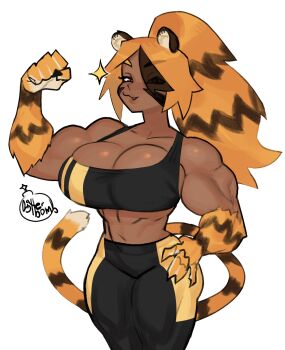 Rule 34 | 1girl, :3, animal ears, animal hands, bare shoulders, biceps, bitter bomb, breasts, brown eyes, claws, cleavage, commentary, commission, cowboy shot, dark-skinned female, dark skin, english commentary, eyes visible through hair, fang, flexing, hair over one eye, hand on own hip, high ponytail, highres, large breasts, looking at viewer, monster girl, muscular, muscular arms, muscular female, orange hair, original, pantyhose, parted bangs, ponytail, signature, slit pupils, smug, solo, sports bra, sportswear, standing, striped clothes, striped hair, tail, tan, tiger ears, tiger girl, tiger stripes, white background