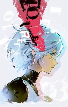 1boy black_shirt blue_eyes blue_hair closed_mouth cropped_shoulders from_side hair_behind_ear highres lips male_focus metaphor:_refantazio parted_bangs protagonist_(metaphor:_refantazio) shirt short_hair solo themoonrabbit turtleneck vest white_vest