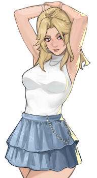 1girl absurdres armpits blonde_hair blue_eyes breasts earrings fantastic_four highres jewelry long_hair looking_at_viewer marvel marvel_rivals simple_background skirt sleeveless smile solo sue_storm vile_(vile_jp) white_background