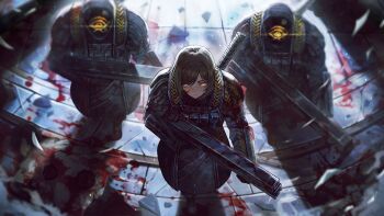 1girl 2others ammunition_pouch armor black_boots black_coat blood blood_on_ground boots brown_eyes brown_hair coat dark-skinned_female dark_skin eye_of_horus game_cg gun helmet highres khopesh lca_(identity)_(project_moon) limbus_company mask multiple_others nai_ga official_art outis_(project_moon) pouch project_moon rifle short_hair solo_focus udjat_(project_moon) weapon