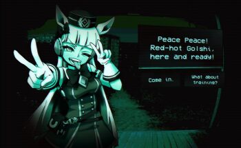 Rule 34 | 1girl, animal ears, armband, belt pouch, blunt bangs, bow, bowtie, breasts, dialogue box, dialogue options, double v, dress, ear bow, english text, gloves, gold ship (red strife) (umamusume), gold ship (umamusume), green theme, hat, highres, horse ears, horse girl, horse tail, kitnoko, long hair, looking at viewer, night, no i'm not a human, open mouth, parody, pillbox hat, porch, pouch, pov peephole, sleeveless, sleeveless dress, smile, solo, striped armband, striped clothes, tail, teeth, tongue, tongue out, umamusume, v