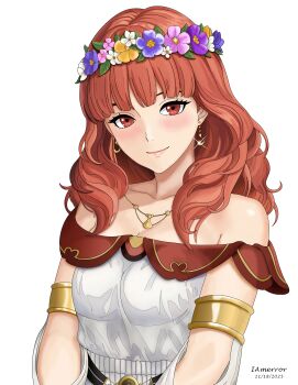 1girl absurdres bare_shoulders breasts celica_(fire_emblem) celica_(valentine)_(fire_emblem) cleavage commentary dress english_commentary fire_emblem fire_emblem_echoes:_shadows_of_valentia fire_emblem_heroes flower hair_flower hair_ornament highres iamerror14 looking_at_viewer medium_breasts nintendo official_alternate_costume official_style red_eyes red_hair smile solo white_dress