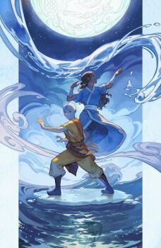 1boy 1girl aang aerokinesis arm_wrap arms_up arrow_(symbol) arrow_tattoo avatar:_the_last_airbender avatar_legends bald blue_dress border brown_hair choker commentary dress element_bending english_commentary fish highres hydrokinesis jewelry katara long_hair looking_to_the_side moon necklace night ocean orange_pants orange_shirt outside_border pants pendant_choker pillarboxed ripples shirt sky smile standing star_(sky) starry_sky tattoo velinxi visible_air water waves wind
