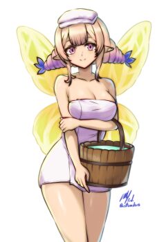 Rule 34 | 1girl, alternate hairstyle, arm under breasts, armpit crease, breasts, brown hair, bucket, butterfly wings, carrying, center-flap bangs, cleavage, collarbone, commentary, cowboy shot, elbow carry, english commentary, feet out of frame, fire emblem, fire emblem heroes, flower, gradient eyes, gradient hair, hair flower, hair ornament, highres, insect wings, large breasts, looking at viewer, multicolored eyes, multicolored hair, naked towel, nintendo, peony (fire emblem), pointy ears, purple hair, rotomdocs, sidelocks, signature, simple background, smile, solo, towel, towel on head, twitter username, white background, wide hips, wings, wooden bucket