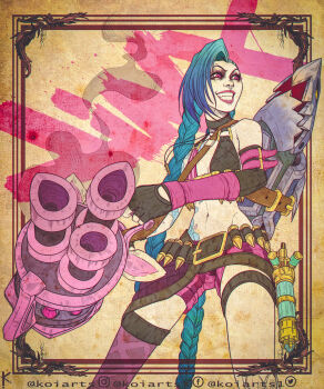 1girl artist_name asymmetrical_bangs bare_shoulders belt blue_hair breasts brown_belt brown_gloves bullet character_name cloud_tattoo cowboy_shot elbow_gloves fingerless_gloves gatling_gun gloves green_hair grin gun handgun highres holding holding_weapon jinx_(league_of_legends) koiarts league_of_legends long_hair minigun navel pink_eyes pink_lips pink_shorts pink_sleeves rocket_launcher shorts small_breasts smile solo stomach_tattoo striped_clothes striped_shorts tattoo teeth very_long_hair weapon