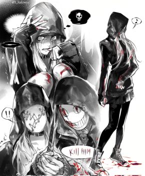 ! !! 1boy 1girl belt_collar blood blood_on_clothes collar commentary crying dead_by_daylight english_commentary frank_morrison greyscale highres holding holding_knife hood hood_up hoodie image_in_speech_bubble image_in_thought_bubble knife mask monochrome neck_tattoo pantyhose s_hadowyy skirt speech_bubble susie_lavoie tattoo the_legion_(dead_by_daylight) trembling twitter_username