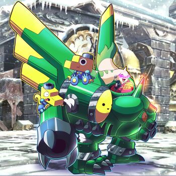 absurdres agumon armor cosplay digimon digimon_(creature) highres horns looking_at_viewer marvel_vs._capcom marvel_vs._capcom_2 mecha mega_man_(series) mega_man_legends_(series) open_mouth robot saintgalgomon servbot_(mega_man) smile terriermon tron_bonne_(mega_man) tron_bonne_(mega_man)_(cosplay)