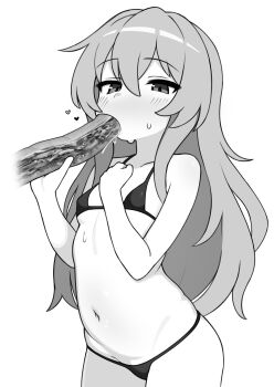 1girl aisaka_taiga baguette bikini black_bikini black_bra bra bread breasts clenched_hand commentary english_commentary fellatio food greyscale half-closed_eyes hands_up highres long_hair lowleg lowleg_bikini micro_bikini mikoscrub monochrome navel oral phallic_symbol saliva sandwich sexually_suggestive simple_background simulated_fellatio small_breasts solo swimsuit toradora! underwear white_background