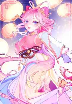 1girl blonde_hair breasts chinese_clothes chinese_hairstyle commentary diamond-shaped_pupils diamond_(shape) dress earrings elf elysia_(hi_love_elf)_(honkai_impact) elysia_(honkai_impact) elysia_(moonlit_grace)_(honkai_impact) ganyubb gradient_hair highres honkai_(series) honkai_impact_3rd jewelry lantern large_breasts long_hair looking_at_viewer multicolored_hair official_alternate_costume paper_lantern pink_dress pink_hair pointy_ears purple_eyes purple_sky sky sky_lantern solo symbol-only_commentary symbol-shaped_pupils two-tone_hair very_long_hair white_dress