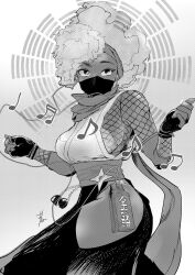 Rule 34 | 1girl, afro, asymmetrical hair, bra, breasts, cable, covered mouth, dancing, dark-skinned female, dark skin, earbuds, earphones, elbow pads, fingerless gloves, fishnet top, fishnets, gameplay mechanics, gloves, greyscale, hakama, highres, hip vent, hiroshi mono, japanese clothes, kimberly jackson, large breasts, listening to music, mask, monochrome, mouth mask, musical note, ninja, official alternate costume, official alternate hairstyle, panty straps, revealing clothes, sash, scarf, short hair, shuriken, sideboob, solo, street fighter, street fighter 6, thick thighs, thighs, underwear, very dark skin, w arms, weapon