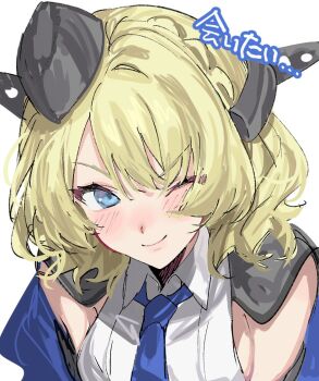 Rule 34 | 1girl, aogisa, blonde hair, blue eyes, blue necktie, braid, capelet, colorado (kancolle), commentary request, garrison cap, grey capelet, grey hat, hat, headgear, kantai collection, leaning forward, necktie, one eye closed, shirt, short hair, side braids, simple background, sleeveless, sleeveless shirt, smile, solo, translation request, upper body, white background