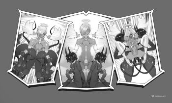 1boy 2futa anal anal_fisting angel angel_wings black_hair breasts chastity_cage demon_girl demon_tail detached_wings double_penetration erection fisting futa_with_male futanari grey_background greyscale halo highres large_penis male_penetrated medium_breasts medium_penis monochrome multiple_futa nipple_piercing original penis piercing sex short_hair tail tailbox wings