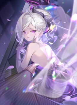 2girls ako_(blue_archive) ako_(dress)_(blue_archive) back black_halo blue_archive blush commentary_request demon_girl demon_horns demon_wings halo highres hina_(blue_archive) hina_(dress)_(blue_archive) horns long_hair looking_at_viewer low_wings minzieart multiple_girls purple_eyes smile solo white_hair wings