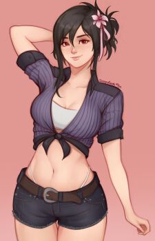 1girl arm_behind_head artist_name belt bikini black_hair black_shorts breasts brown_belt cleavage closed_mouth collared_shirt cowboy_shot crop_top final_fantasy final_fantasy_vii final_fantasy_vii_rebirth final_fantasy_vii_remake flower hair_between_eyes hair_bun hair_flower hair_ornament highres large_breasts long_hair midriff navel official_alternate_costume pink_background pink_flower red_eyes shirt short_shorts shorts sleepy_korok smile solo striped_clothes striped_shirt swimsuit thigh_gap thong_bikini tied_shirt tifa_lockhart tifa_lockhart_(majestic_glamour) updo white_bikini