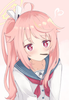 1girl absurdres ahoge animal_print blue_archive blue_sailor_collar blush bright_pupils cardigan closed_mouth collarbone colored_eyelashes commentary food food_in_mouth gradient_background hair_between_eyes halo heart highres pocky_kissing_viewer kanikama_acedia long_hair long_sleeves looking_at_viewer natsu_(blue_archive) neckerchief pink_background pink_hair pocky pocky_in_mouth red_eyes red_neckerchief sailor_collar school_uniform serafuku side_ponytail sidelocks simple_background solo trinity_general_school_logo upper_body white_background white_cardigan white_pupils yellow_halo