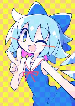 1girl absurdres asameshi blue_bow blue_dress blue_hair blush_stickers bow checkered_background checkered_bow checkered_clothes checkered_dress cirno colored_inner_hair detached_wings dress hair_bow hand_up highres ice ice_wings looking_at_viewer medium_hair multicolored_hair neck_ribbon one_eye_closed open_mouth purple_hair red_ribbon ribbon sailor_collar sleeveless sleeveless_dress smile solo touhou unmoving_pattern w wings yellow_background