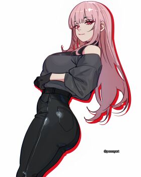 1girl alternate_costume ass black_gloves black_pants black_shirt blunt_bangs breasts closed_mouth commentary english_commentary gloves high-waist_pants highres hololive hololive_english large_breasts light_smile long_hair looking_at_viewer mori_calliope off-shoulder_shirt off_shoulder pants pink_eyes pink_hair pomuya shirt shirt_tucked_in sidelocks simple_background solo virtual_youtuber white_background