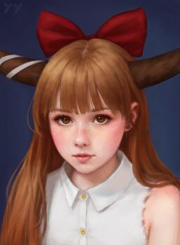 Rule 34 | 1girl, bare shoulders, blue background, blush, body freckles, bow, brown eyes, dress shirt, earrings, expressionless, eyelashes, freckles, gradient background, hair behind ear, hair bow, hair over shoulder, highres, horn ornament, horn ribbon, horns, ibuki suika, jewelry, lips, long hair, looking at viewer, makeup, nose, orange hair, portrait, realistic, red bow, ribbon, self-upload, shirt, simple background, solo, sword earrings, torn clothes, torn sleeves, touhou, upper body, white ribbon, white shirt, wing collar, yyf (seaknight)