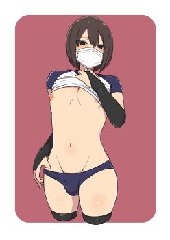Rule 34 | 1boy, androgynous, brown hair, bulge, gogogo (noon midday), highres, mask, navel, nipples, simple background, solo, standing, thighhighs, trap