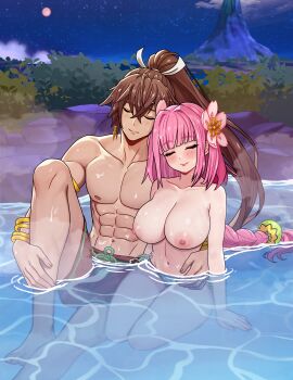 1boy 1girl abs absurdres alternate_costume breasts brown_hair closed_eyes closed_mouth commission commissioner_upload couple hetero high_ponytail highres large_breasts leaning_on_person mixed-sex_bathing night nipples onsen pectorals pink_hair ponytail rein_creamsoda rune_factory rune_factory:_guardians_of_azuma shared_bathing sky subaru_(rune_factory) topless_female ulalaka volcano