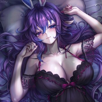 1girl absurdres animal_ears armpits bed black_nightgown blue_eyes breasts cleavage commentary cottontail_(vtuber) english_commentary heterochromia highres huge_breasts indie_virtual_youtuber large_breasts long_hair nightgown on_bed pillow pointy_ears purple_eyes purple_hair purple_nails rabbit_ears rabbit_girl sainty virtual_youtuber