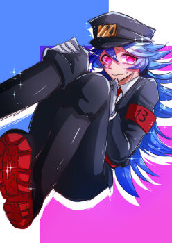 Rule 34 | 10s, 1boy, artist request, black footwear, black jacket, black pants, blue hair, boots, closed mouth, crying, gloves, hat, highres, jacket, long hair, long sleeves, looking at viewer, male focus, nanbaka, necktie, pants, peaked cap, pink eyes, red necktie, shiny clothes, shoes, sitting, solo, sparkle, sweat, tanabata seitarou, tears, very long hair, wavy mouth, white gloves