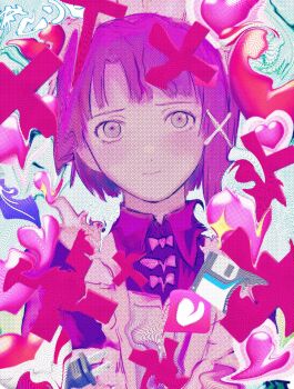 1girl abstract alternate_costume apron asymmetrical_hair bow brown_hair chair closed_mouth collared_shirt colorful enmaided hair_bow hair_ornament hairclip heart highres holding iwakura_lain jacket karasumaichiu long_sleeves looking_at_viewer maid maid_apron maid_headdress mary_janes on_chair pink_bow pink_shirt ribbon serial_experiments_lain shirt shoes short_hair single_sidelock smile socks solo twintails upper_body white_socks x_hair_ornament