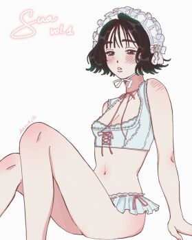 1girl alien_stage alternate_costume black_hair bra character_name commentary frilled_panties frills headdress highres kana_(kana_rtk) knees_up navel panties parted_lips short_hair signature sitting solo sua_(alien_stage) underwear white_bra white_headdress white_panties