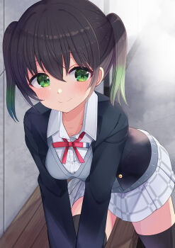1girl absurdres arm_support black_hair black_jacket black_thighhighs blush breasts closed_mouth collarbone collared_shirt commentary cowboy_shot cream_(nipakupa) crossed_bangs dress_shirt gradient_hair green_hair grey_sweater_vest hair_between_eyes highres jacket knee_up leaning_forward looking_to_the_side love_live! love_live!_nijigasaki_high_school_idol_club medium_breasts medium_hair miniskirt multicolored_hair neck_ribbon open_clothes open_jacket plaid_clothes plaid_skirt pleated_skirt red_ribbon ribbon shirt sidelocks sideways_glance skirt smile solo split_mouth sweater_vest takasaki_yu thighhighs twintails v_arms white_shirt white_skirt