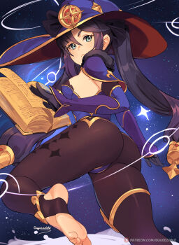 1girl ass black_gloves black_hair blue_capelet blue_eyes blue_leotard book breasts capelet closed_mouth commentary detached_sleeves english_commentary feet floating floating_book floating_object fur-trimmed_capelet fur_trim genshin_impact gloves hair_between_eyes hair_ribbon hat highres leotard long_hair long_sleeves looking_at_viewer looking_to_the_side mona_(genshin_impact) no_shoes open_book pantyhose ribbon signature sky small_breasts solo squeezable_(squeezabledraws) star_(sky) starry_sky stirrup_legwear toeless_legwear toes twintails very_long_hair witch_hat