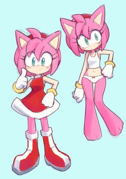 1girl amy_rose animal animal_ears animal_feet barefoot blue_background blue_eyes blush boots bow bow_panties breasts camisole dress furry gloves hairband hand_on_own_hip hedgehog hedgehog_girl index_finger_raised knee_boots looking_at_viewer midriff multiple_views navel panties pink_fur pink_hair raised_eyebrow red_boots red_bow red_dress sega short_hair sleeveless sleeveless_dress small_breasts smile sonic_(series) standing underwear uno_usaya white_camisole white_gloves white_panties