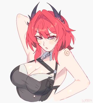 1girl arknights arknights:_endfield arm_up bare_shoulders breasts cleavage commentary english_commentary horns laevatein_(arknights) large_breasts looking_at_viewer purple_eyes red_hair short_hair solo surtr_(arknights) unfamousradish upper_body