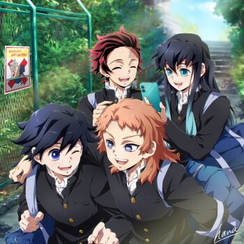 4boys aqua_eyes aqua_hair bag black_hair black_shirt blue_eyes cellphone closed_eyes earrings forehead gradient_hair hana_ni_nare hanafuda_earrings hashibira_inosuke highres holding holding_phone jewelry kamado_tanjirou kimetsu_no_yaiba long_hair male_focus multicolored_hair multiple_boys one_eye_closed open_mouth orange_hair phone red_hair sabito_(kimetsu) scar scar_on_face scar_on_forehead school_uniform shirt short_hair shoulder_bag smartphone smile tokitou_muichirou tomioka_giyuu