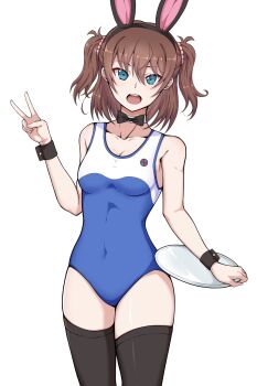 Rule 34 | 1girl, animal ears, black bow, black bowtie, black thighhighs, bow, bowtie, breasts, brown eyes, brown hair, covered navel, detached collar, fake animal ears, high school fleet, highres, kaga kanten buchou, ogasawara hikari, open mouth, playboy bunny swimsuit, rabbit ears, school swimsuit, short hair, simple background, small breasts, solo, swimsuit, teeth, thighhighs, tray, two-tone swimsuit, two side up, upper teeth only, white background, wrist cuffs, yokosuka girls marine high school swimsuit