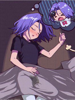 1boy bed bed_sheet bedwetting blush closed_eyes gen_1_pokemon james_(pokemon) lying macchiromomomo male_focus meowth nintendo on_floor peeing pillow pokemon pokemon_(anime) pokemon_(classic_anime) rain shirt sleeping solo solo_focus t-shirt team_rocket team_rocket_uniform