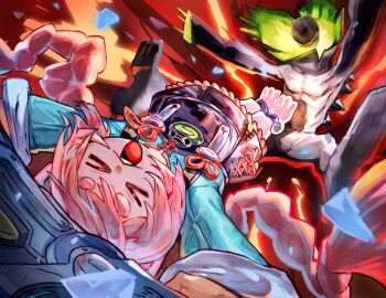 >_< 1girl animal_feet arms_up braid braided_twintails closed_eyes commentary dropkick ethereal_(zenless_zone_zero) floating_hair flying_kick furry furry_female green_shirt highres holding holding_sword holding_weapon ice_shard kicking long_hair open_mouth pink_fur pink_hair rabbit_girl reomenka shirt short_eyebrows sword thick_eyebrows weapon zenless_zone_zero zhao_(zenless_zone_zero)
