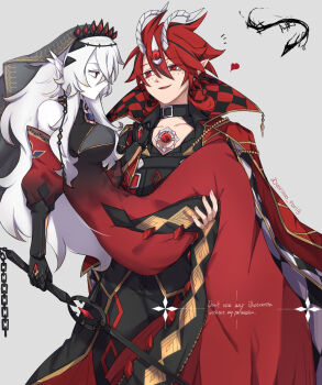 1boy 1girl aluber_(yu-gi-oh!) aluber_the_jester_of_despia black_choker black_tiara black_veil blazing_cartesia_the_virtuous breasts carrying checkered_clothes choker closed_mouth collarbone detached_sleeves dragon_boy dragon_horns dress duel_monster ecclesia_(yu-gi-oh!) gem grey_background hair_between_eyes hair_ornament highres holding holding_sword holding_weapon horns large_breasts long_hair long_sleeves looking_at_another open_mouth pointy_ears princess_carry red_dress red_eyes red_gemstone red_hair simple_background smile sword the_bystial_aluber tiara twitter_username veil weapon white_hair yoruno_tori3 yu-gi-oh!