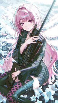 1girl ai_arctic_warfare arknights black_jacket bolt_action boots closed_mouth commentary detached_wings energy_wings field flower flower_field gun gy1966 highres holding holding_gun holding_weapon jacket lemuen_(arknights) long_hair long_sleeves looking_at_viewer pink_eyes pink_hair rifle scope sitting smile sniper_rifle solo thigh_boots weapon wings
