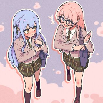Rule 34 | 2girls, bag, bang dream!, bang dream! it's mygo!!!!!, black socks, blue hair, blush, brown footwear, chihaya anon, closed mouth, collared shirt, commentary request, fang, glasses, green necktie, green ribbon, green skirt, grey eyes, grey jacket, hair ribbon, haneoka school uniform, highres, jacket, jin (jinkwon1147), kneehighs, korean commentary, loafers, long hair, long sleeves, looking at another, multiple girls, necktie, open mouth, outline, pink hair, plaid clothes, plaid skirt, pleated skirt, purple background, ribbon, school bag, school uniform, shirt, shoes, skirt, smile, socks, togawa sakiko, two side up, white outline, white shirt, yellow eyes