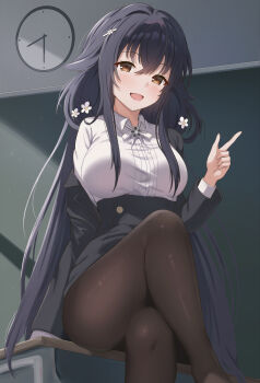 azuma_(azur_lane) azuma_(career_counseling_for_the_groom)_(azur_lane) azur_lane black_hair black_skirt black_suit brown_pantyhose chalkboard clock crossed_bangs crossed_legs desk flower formal_clothes hair_flaps hair_flower hair_ornament high-waist_skirt highres itaba_atsushi jacket long_hair looking_at_viewer official_alternate_costume on_desk on_table open_clothes open_jacket pantyhose pencil_skirt school_desk shirt shirt_tucked_in sitting skirt smile suit table wall_clock white_shirt wooden_desk