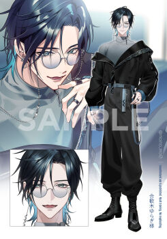 1boy belt black_belt black_boots black_hair black_jacket black_pants blue_eyes blue_hair boots chain character_request closed_mouth colored_inner_hair commentary_request copyright_request earrings eyewear_strap fang full_body grey_shirt hand_on_own_hip highres jacket jewelry long_sleeves looking_at_viewer male_focus manomenou mole mole_under_eye multicolored_hair multiple_rings multiple_views off_shoulder open_mouth pants parted_bangs ring round_eyewear sample_watermark shirt short_hair smile solo standing sunglasses sweater tinted_eyewear turtleneck twitter_username two-tone_hair virtual_youtuber watermark zipper