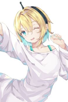 absurdres amano_pikamee amano_pikamee_(1st_costume) antennae aqua_eyes aqua_hair aqua_nails arm_up black_hairband blonde_hair collarbone colored_inner_hair commentary english_commentary hairband hand_up highres long_sleeves looking_at_viewer multicolored_hair off-shoulder_shirt off_shoulder one_eye_closed parted_lips sharp_teeth shirt short_hair simple_background suzunoninoka teeth upper_body virtual_youtuber voms white_background