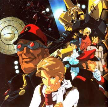 1980s_(style) 1990s_(style) 1girl 5boys aeug bald bask_om beam_rifle black_hair blue_hair bright_noa brown_hair cable char_aznable earth_federation energy_gun galbaldy_beta goggles green_eyes gundam hat helmet holding holding_unworn_helmet hyaku_shiki kamille_bidan kitazume_hiroyuki lila_milla_rira looking_at_viewer mecha mecha_pilot_suit military_hat military_rank_insignia military_uniform mobile_suit mullet multiple_boys normal_suit_(gundam) o'neill_cylinder official_art oldschool quattro_bajeena radio_antenna redesign retro_artstyle robot scan science_fiction shirt sideburns smirk solar_panel_wings sunglasses titans_(gundam) traditional_media unworn_headwear unworn_helmet vest weapon white_shirt wristband zeta_gundam