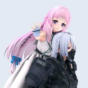 2girls 3d ak-15_(girls'_frontline) carrying girls'_frontline girls'_frontline_2:_exilium helena_(girls'_frontline_2) highres long_hair maicz45 mask mouth_mask multiple_girls piggyback pink_hair reaching reaching_towards_viewer star_(symbol) voymastina_(girls'_frontline_2) white_hair
