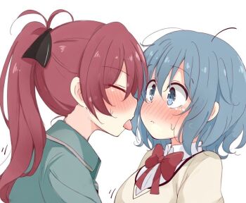 2girls blue_eyes blue_hair blush bow bowtie closed_eyes commentary_request green_shirt inasa_orange long_hair looking_at_another mahou_shoujo_madoka_magica mahou_shoujo_madoka_magica_(anime) medium_hair miki_sayaka mitakihara_school_uniform multiple_girls parted_lips ponytail red_bow red_bowtie red_hair sakura_kyoko school_uniform shirt simple_background tongue tongue_out white_background yellow_shirt yuri